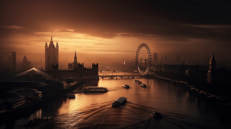 The Thames at dusk, Westminster on one bank and the observation wheel on the other