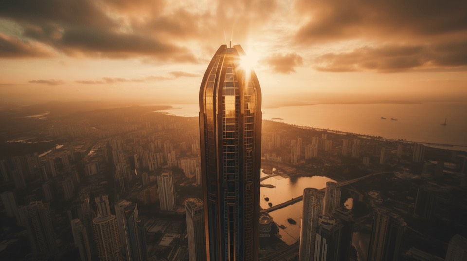 A single skyscraper rising above a dense coastal city, the sun low behind it
