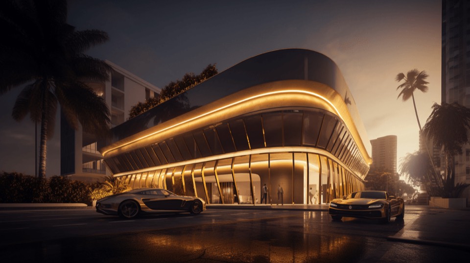 A modern glass-fronted building lit warm at dusk, palm trees along the street