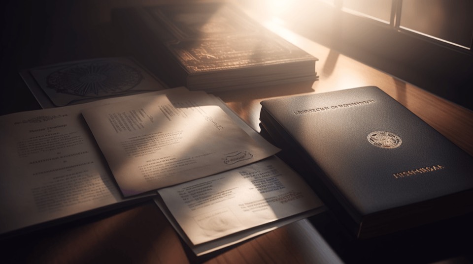 A dark passport with a gold seal beside open documents on a desk in low light