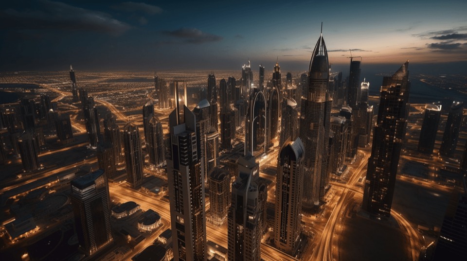 An aerial view of a dense high-rise skyline at dusk, towers lit from within and traffic trailing along the roads below